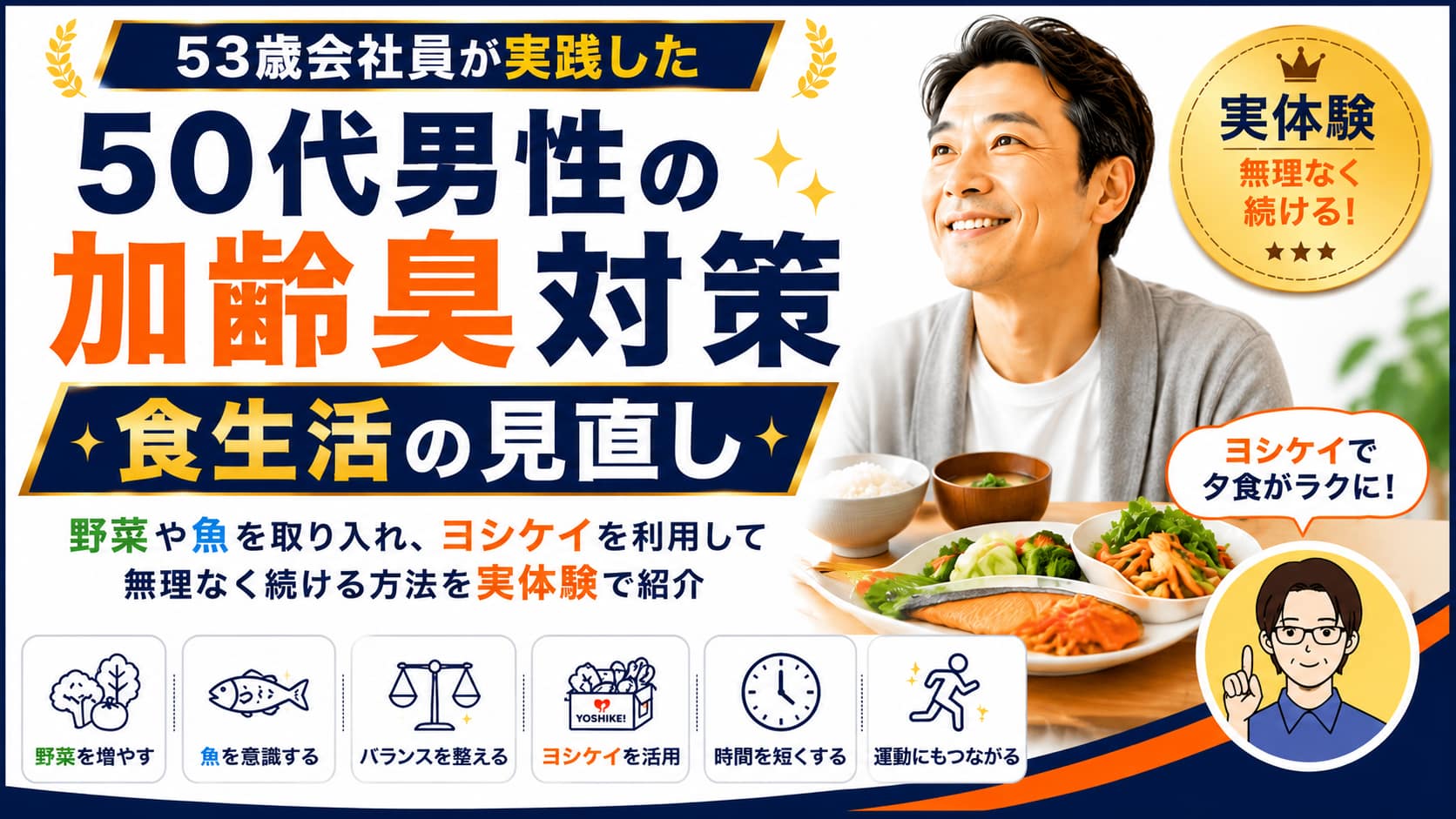 50代男性の加齢臭対策と食生活の見直しを紹介するアイキャッチ画像